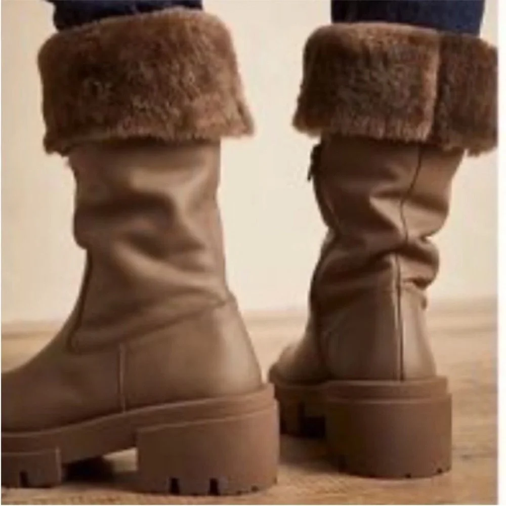 Free People Charlee Chunky Mid Boots Fur Cuff Lug Sole Taupe Minky Brown US 10
